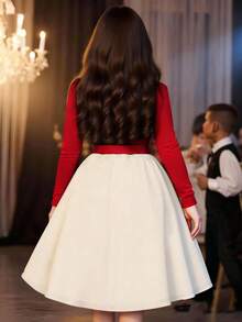 SHEIN Vestido elegante y de moda con cuello de cinta y perlas de color contrastante para adolescentes - Burdeos - Ver 2