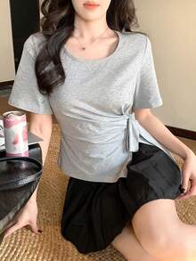 DAZY Áo thun dài tay màu trơn thắt nơ phía trước dành cho nữ, thích hợp cho mùa hè và mùa xuân. - Xám - Xem 9