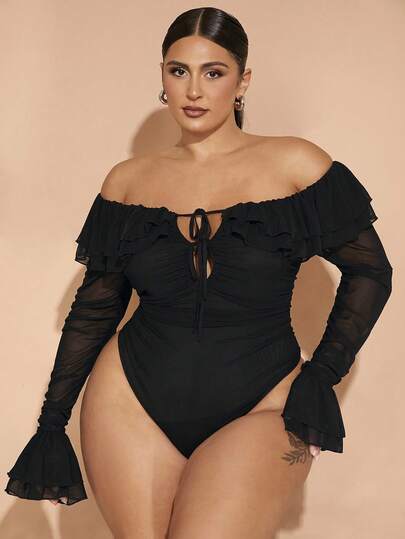 SHEIN BAE Plus Size Fall Elegant Going Out Sexy Party Woman Black Mesh Strapless Off Shoulder Ruffle Tube Top Sexy Front Center Tie Ruffle Cuffs Gathered Bodysuit Sweet Bodysuit Party Bodysuit Wedding Guest Bodysuit Outfit Outfit Birthday Party Outfit,Valentine's Day,Valentine Outfits For Women