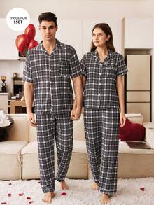 SHEIN 格子印花翻领男士睡衣套装 - 彩色 - 查看 1