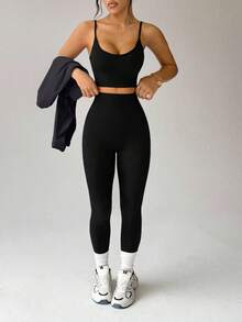 Dewbera 3pcs Sports Set - Seamless Bra, Leggings, Long Sleeve Top Gym Tights Set Matching Workout Set Gym Leggings Set - Black - View 7