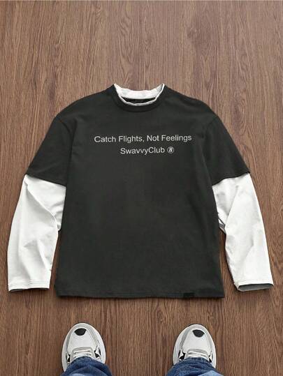 Manfinity Unisex 男士撞色二合一圆领长袖字母印花休闲T恤