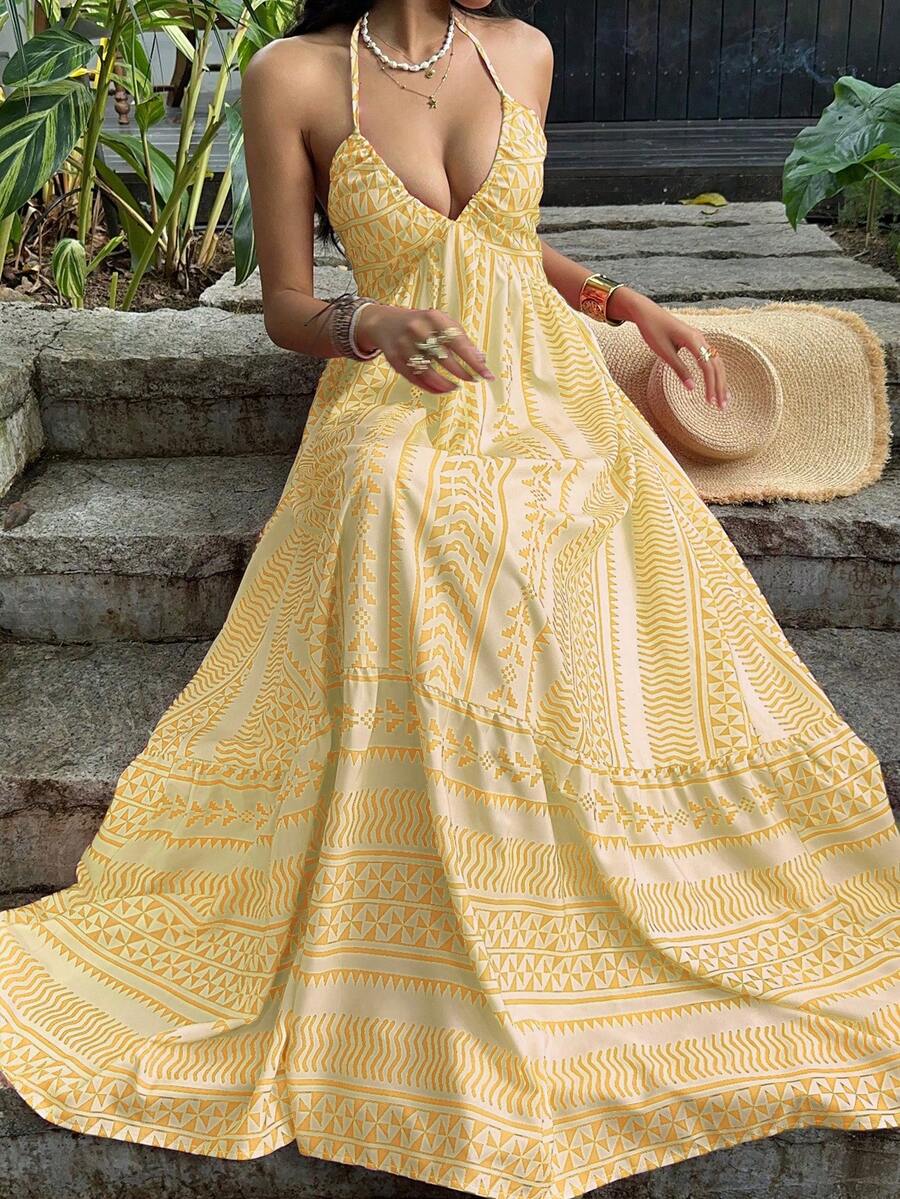 Sunnyshic Pink Digital Print Fitted Waist Backless Tie Strap V-Neck Beach Vacation Dress - Multicolor - View 1