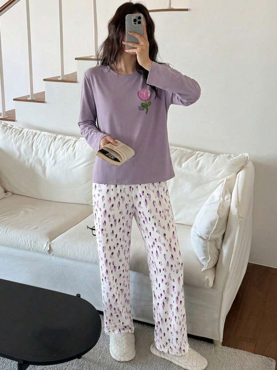Bộ 2 áo thun tay dài cổ tròn in họa tiết hoa dễ thương và quần ngủ thoải mái cho bé gái - Nhiều màu - Xem 1