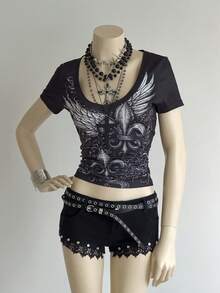 EgrlEra Women's Retro Dark Punk Sexy Rhinestone Graphic Print Y2K Bodycon T-Shirt - Black - View 3