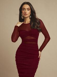 黑色网纱拼接褶皱性感透视长袖连衣裙，适合女士穿着，可用于浪漫约会、派对、情人节、日常穿着、休闲外出、夜店、鸡尾酒会、泳池派对、开学季、假期等场合。 - 酒紅色 - 查看 4