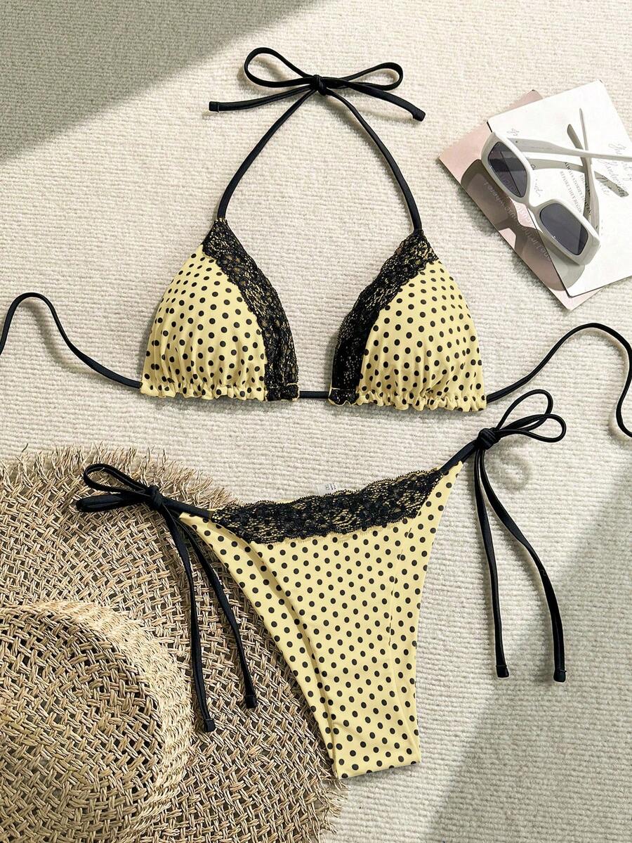 Swim Mod 2025 Women's Summer Beach Polka Dot Print Contrast Lace Halter Tie Sexy Bikini Swimsuit Set - Yellow - View 1