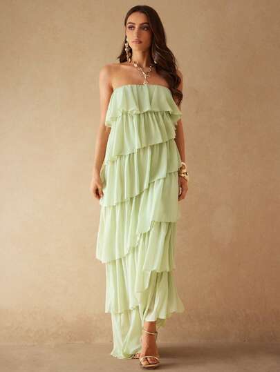 Silquee Pale Green And Sage Green Chiffon Multi-Tiered Cake Skirt, Irregular Ruffle Dress, Elegant Party Dress, Spring/Summer Collection. Suitable For Valentine's Day, Vacations, Parties, Gatherings, Dates, Outings, Wedding Guests, Birthday Dresses, Evening Gowns, Backless Dresses, Romantic Dates, Parties, Wedding Parties, Beach Vacation Wear, Dates/Outings/Nightclub Parties/Gatherings, Elegant Parties, Everyday Dates, Stage Performance Costumes, Elegant Suits, Bridesmaid Dresses, Robes, ,Summer Dress