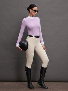 Activina Women's Contrast Color Minimalist Equestrian Long Sleeve Top, Everyday Wear Ralphlauren  Knitted Fabric - Purple - View 7