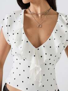 LYSMO 女士波点印花短袖上衣 - 白色 - 查看 7