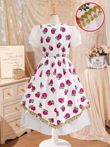 Girls' Middle Eastern Style Dress, Rose Ditsy Floral, V-Neck, Puff Sleeves, Mesh Patchwork, Gold Sequins, Asymmetric Ruffle Hem - White - View 9