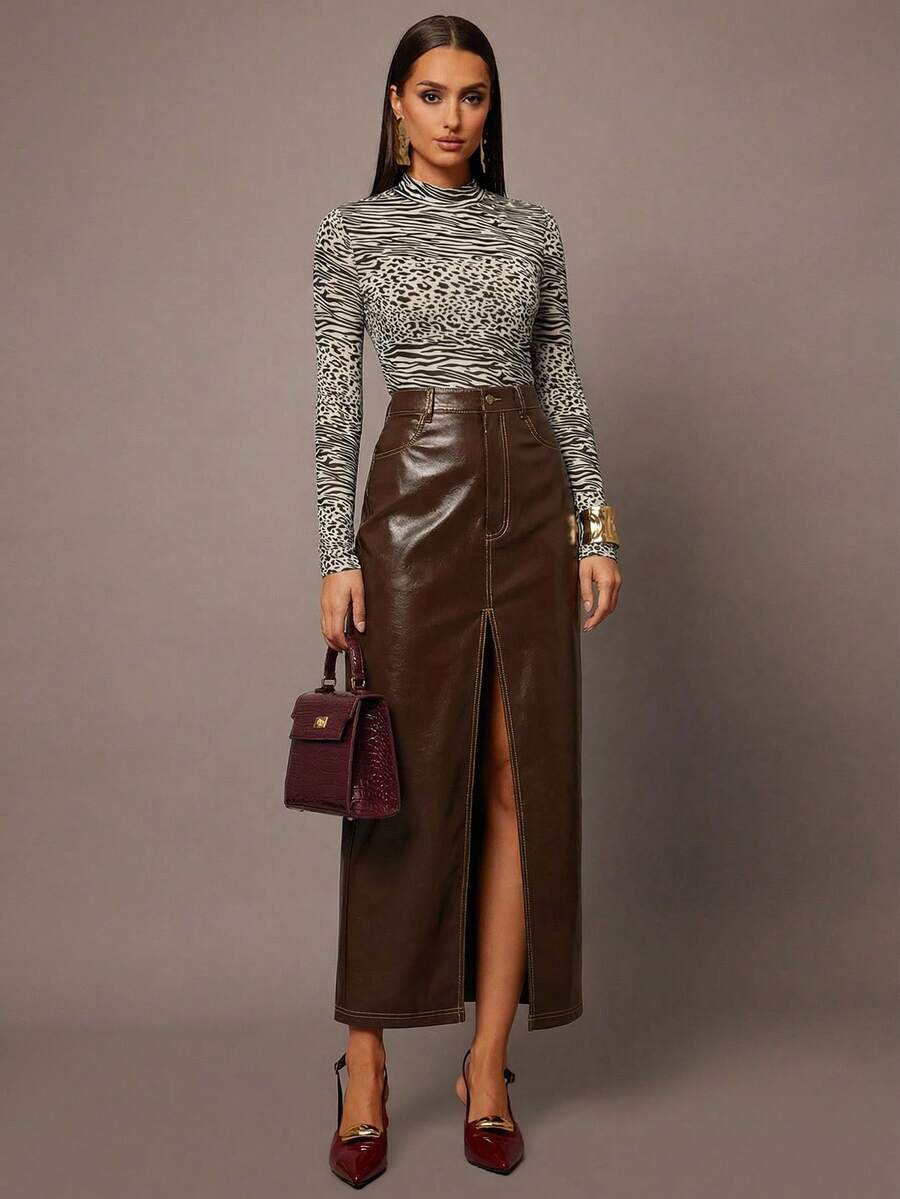 Silquee 秋冬浪漫立领混色动物纹植绒薄纱性感女士长袖上衣，优雅派对/约会/夜店、婚礼、情人节、圣诞节 - 杏色 - 查看 1