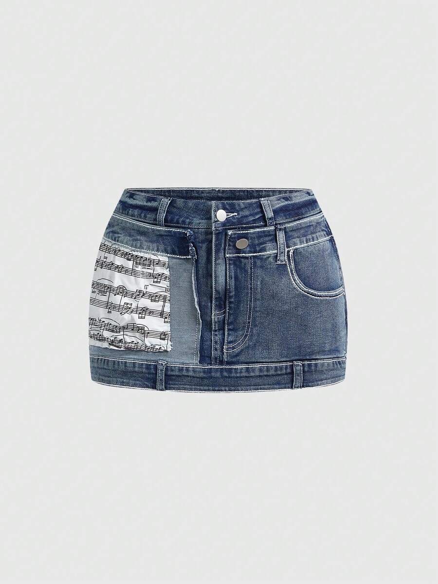 ROMWE Grunge Punk Y2K Style Treble Clef Print Remake Feeling Super Low Waist Mini Denim Skirt - Blue - View 1