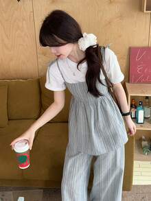 DAZY Women's Tie-Up Striped Camisole Top And Relaxed Fit Palazzo Pants 2 Pieces Set - Light Grey - View 5