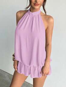 Aloruh Purple Floral Bud Collar Sleeveless Backless Loose Fashion Dress - Lilac Purple - View 6