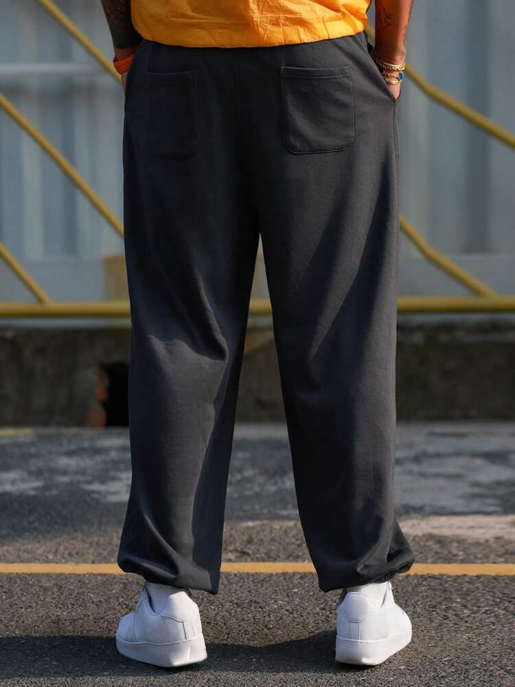 Men's Gothic Letter Embroidered Elastic Waist Drawstring Sweatpants, Dark Grey, Spring/Autumn