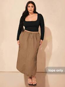 SHEIN BAE Plus Size Fall Gray Square Collar Gathered Knitted Tight Long-Sleeved T-Shirt, Elegant And Versatile Top For Commuting - Black - View 6