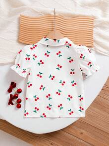 Girls' Cute Sweet Casual Vacation Puff Sleeve Cherry Print Shirt, Suitable For Summer, Vacation, Casual Wear - Multicolor - View 2