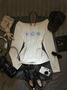 SHEIN EZwear Casual Vacation Style Spring/Summer New Hibiscus, Starfish, Shell Print Scoop Neck Oblique Shoulder Ruffle Hem Long Sleeve Sexy Asymmetric-Shoulder Pullover T-Shirt For Women, Suitable For Spring/Summer Beach, Island, Swimwear Outerwear Carnival - Multicolor - View 2