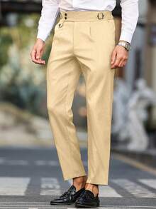 Calvornis Men's Solid Color Waist Buckle Design Pocket Commuter Suit Pants - Beige - View 6