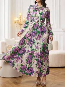 Modelyn 女士印花系带领口拼接荷叶边下摆优雅长裙 - 紫色 - 查看 4