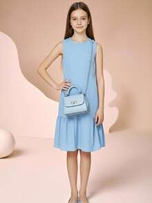 Tween Girls' Casual Blue Dress, Versatile Fashionable Summer Outfits, Inspired By Spring And Summer Styles, Shorts And Tops Sets - Baby Blue - View 8