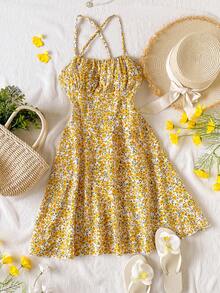 Sparklyn 少女度假风黄色碎花吊带连衣裙，轻盈亮丽的设计，适合外出、旅行、校园活动、日常穿着、海滩度假等场合，是一款百搭连衣裙。 - 黃色 - 查看 2
