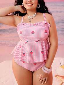 Swim Mod 大码女式两件套随机印花吊带泳衣，带收腹设计，适合海滩和度假 - 彩色 - 查看 4