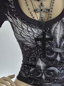 EgrlEra Women's Retro Dark Punk Sexy Rhinestone Graphic Print Y2K Bodycon T-Shirt - Black - View 5