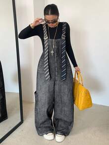 POPSWAY 大码女式牛仔布效果背带条纹撞色大口袋休闲街头风连体裤，适合度假、约会、派对、户外活动