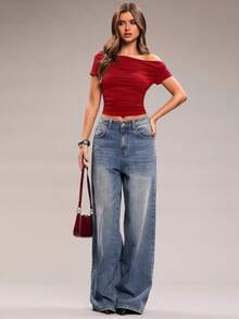 SHEIN BAE Women's Solid Color Ruched Asymmetric Shoulder Casual Short Sleeve T-Shirt - Red - View 7