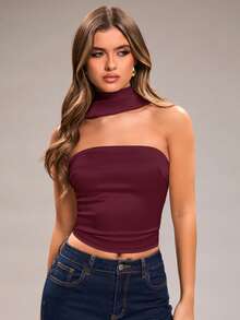 SHEIN BAE Women's Solid Color Halter Backless Tie Neck Camisole, Fashionable & Versatile For Dates, Parties - Maroon - View 7