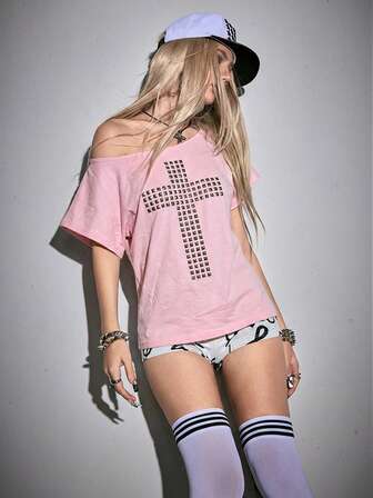 Grunge Punk Y2K Punk Kreuz Niet Design Laser geschnittenes locker sitzendes einfarbiges vielseitiges T-Shirt