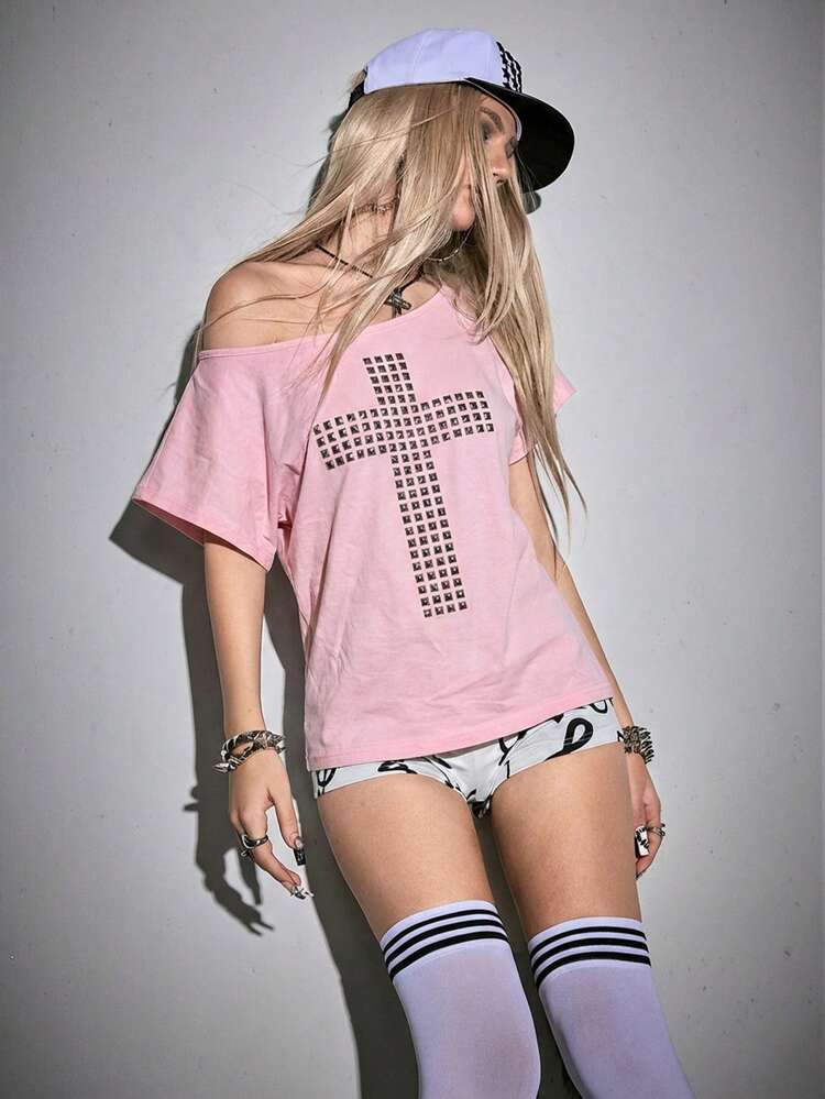 ROMWE Grunge Punk Y2K朋克十字铆钉设计激光切割宽松纯色百搭T恤 - 粉色 - 查看 1