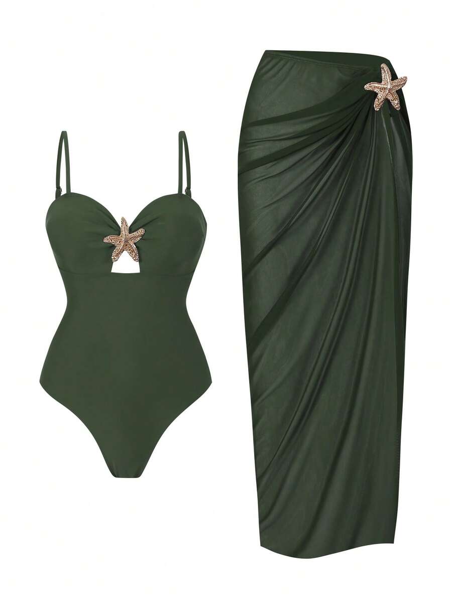 Swim Oasis 2件套女士夏季纯色吊带海星装饰长款连衣裙高衩连体泳衣套装 - 軍綠色 - 查看 1