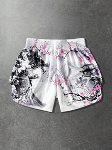 ROMWE MEN Anime Men's Japanese Style Printed Elastic Waist Loose Boxing Shorts - White - View 2