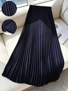 SHEIN Chân váy midi/maxi xếp ly màu xanh hải quân thanh lịch dành cho nữ tuổi teen, đa năng và mang phong cách cổ điển. - Xanh đậm - Xem 5