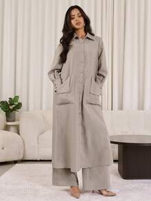 Veilorie 女士纯色长袖单排扣长衬衫和裤子休闲两件套 - 杏色 - 查看 3