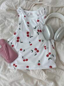 CovetEZ 女士樱桃印花休闲紧身圆领背心，可爱甜美，适合家居服、度假服、夏季服