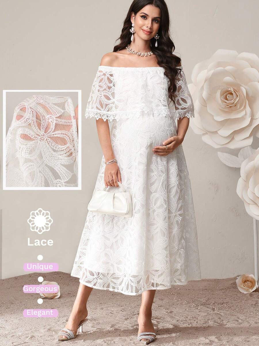 SHEIN 孕妇纯色露肩优雅短袖连衣裙 - 白色 - 查看 1