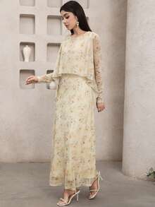 Veilorie Women's Floral Print Round Neck Long Sleeve Elegant Arabic Dress - Multicolor - View 3