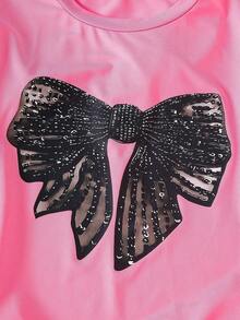 少女休闲蝴蝶结印花T恤套装，夏季 - 彩色 - 查看 4