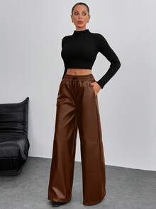 EURMUSE Solid Color, Pu Leather, Elastic Waist, Drawstring, Straight Fit Pants - Brown - View 3