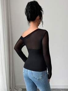 Rafferiza New Women's Elegant Top With Sexy Mesh Paneling, Curved Chest Design, Fitted Waist, Long Sleeves, Black Mesh Paneling Sexy Top - Black - View 2
