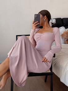 Women's Pink Ruched Floral Decor Long Nightgown - Dusty Pink - View 3