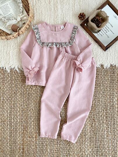 Toddler Girls' Solid Color Sleepwear Set, Sweet Floral Print, Ruffle Trim, Keyhole Back Design, Casual Long Sleeve Top And Pants, Loungewear Little Girl Two Piece Set Toddler Co Ord Girls Comfy Set Toddler Two Piece Set Kids Long Sleeve Summer Sets