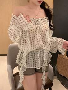 DAZY Women's Floral Polka Dot Tie Waist Off-Shoulder Flare Sleeve Elegant Vacation Blouse, Spring/Autumn - Apricot - View 4