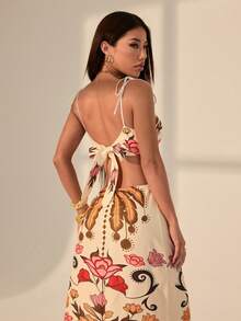 SHEIN PETITE Đầm maxi nữ phong cách Boho nhiệt đới, họa tiết cây dừa và hoa nhiều màu sắc, không tay, thắt eo, thích hợp cho kỳ nghỉ. - Nhiều màu - Xem 1