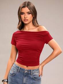 SHEIN BAE Women's Solid Color Ruched Asymmetric Shoulder Casual Short Sleeve T-Shirt - Red - View 4