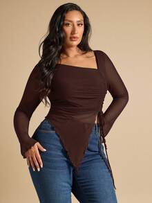 SHEIN BAE Áo thun dài tay ôm dáng, màu trơn, cổ lệch, dây rút, xếp ly, xẻ tà, dành cho nữ cỡ lớn, thích hợp mặc hàng ngày đi làm, mùa xuân/thu. - Cà phê nâu - Xem 5
